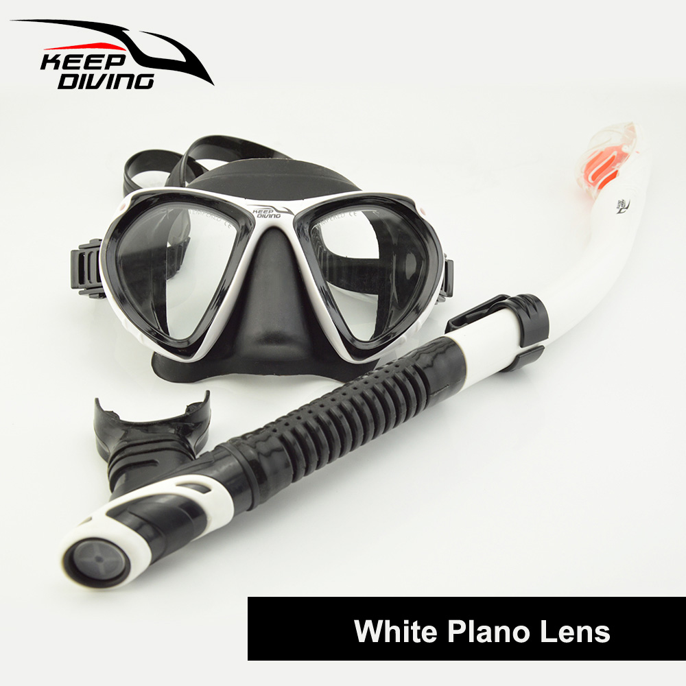 Ensemble de masque complet et pliable, Tube respirant, léger pour plongée sous-marine, apnée, lunettes de natation revêtues: White Plano lens