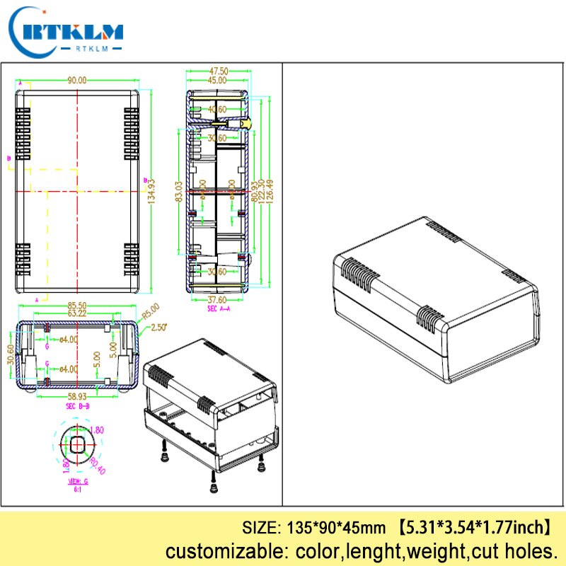 Plastic electric box abs housing plastic enclosure for electronic project junction box DIY small desktop box 135*90*45mm IP55
