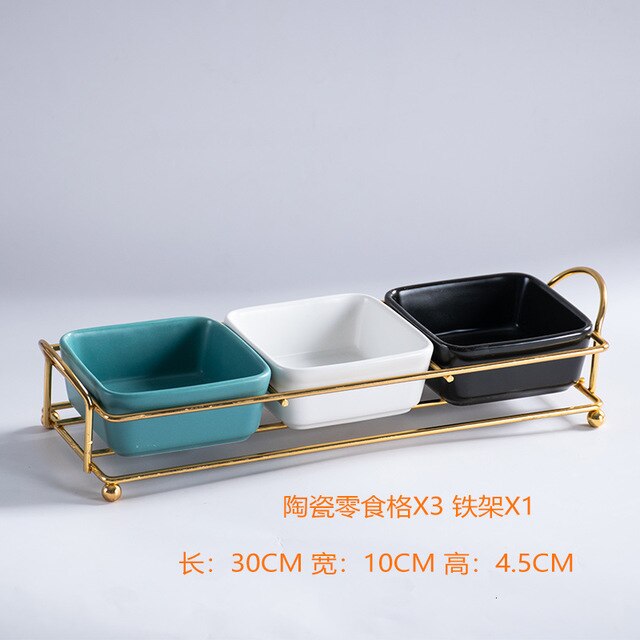 Ceramic Food Tray Dessert Serving Cake Trays Decorative with Iron Stand Kitchen Grid Nut Snack Candy Organized Decoration Trays