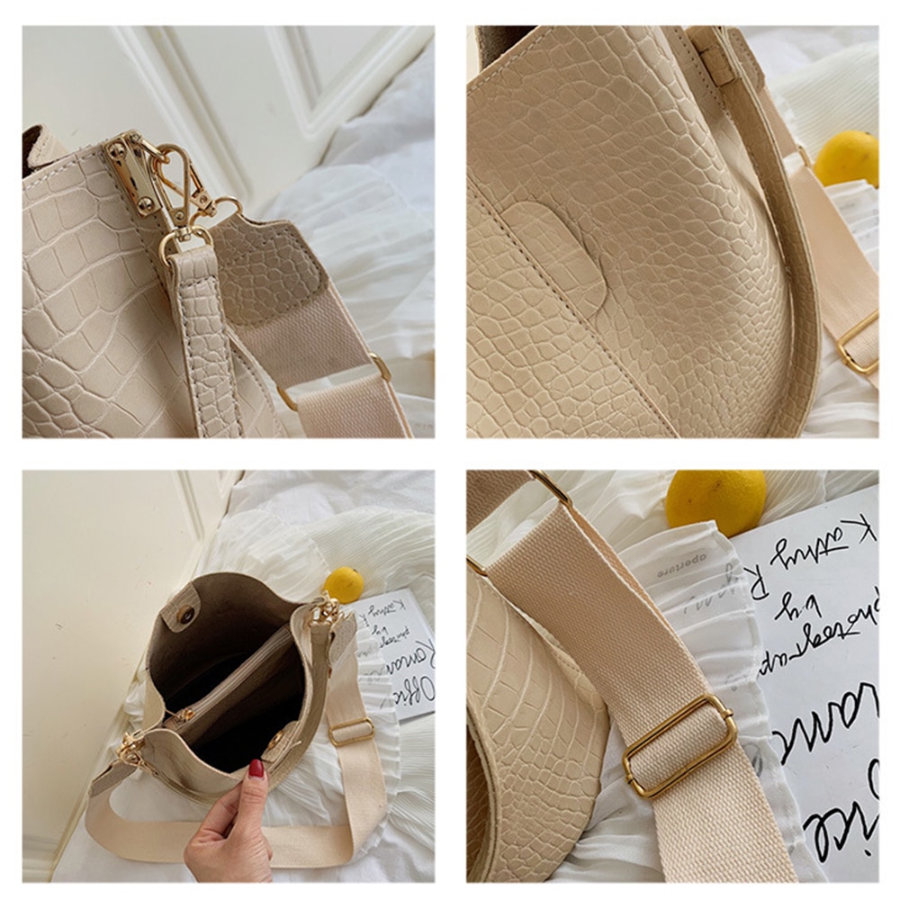 TTOU Frauen Eimer Tasche Große Kapazität Pu Leder Casual Schnalle Geldbörse Handtasche Schulter Crossbody Krokodil Retro Vintage Daypack