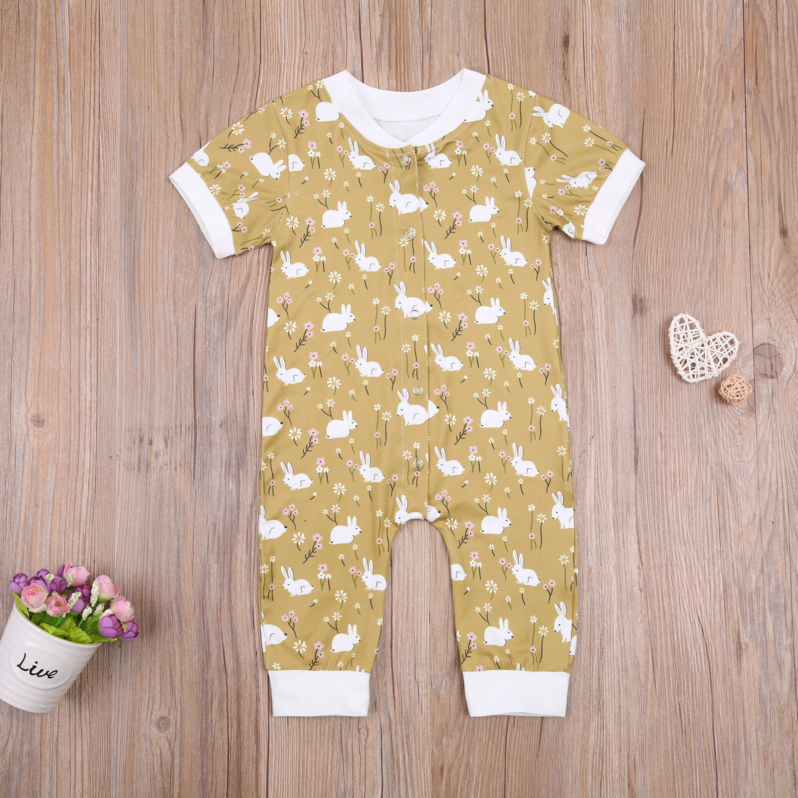 0-24M Baby Baby Jongen Meisje Korte Mouw Knoppen Open Voorzijde Konijn Bloemen Gedrukt Patroon Jumpsuit