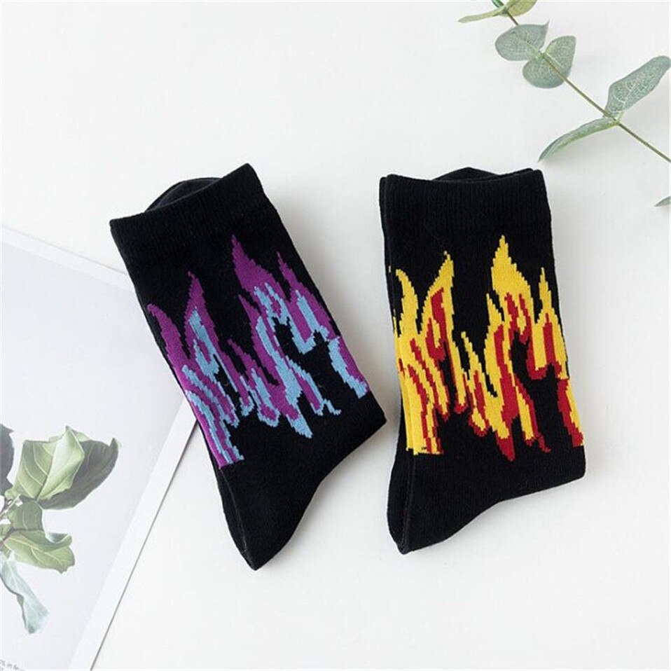 Men Sock Hip Hop Color On Fire Crew Socks Red Flame Blaze Power Torch Warmth Streetwear Skateboard Cotton Socks