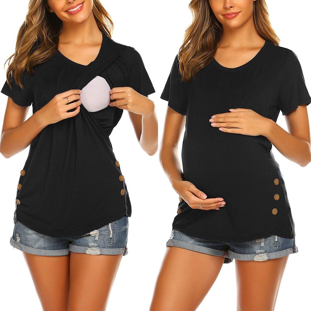 Ropa de maternidad para mujer, Túnica de manga corta con botón en el lateral, Tops de lactancia, ropa para embarazada # GH, verano