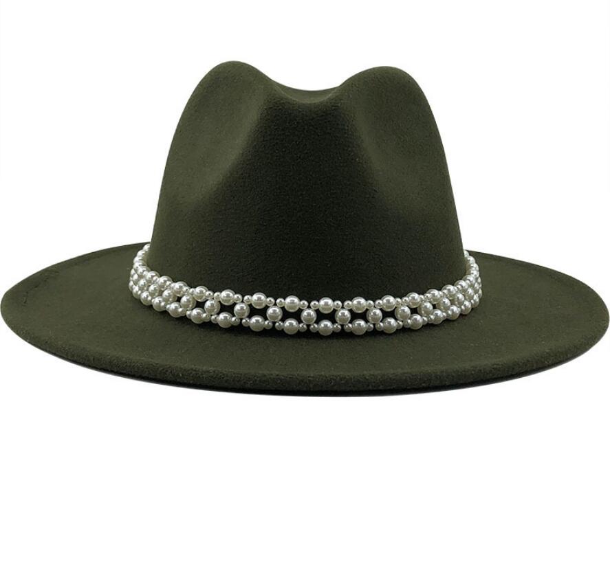 Women Wool Fedora Hat with Imitation Pearl Ribbon Gentleman Lady Winter Autumn Wide Brim Church Girl Jazz Cap: WYH-4957-11