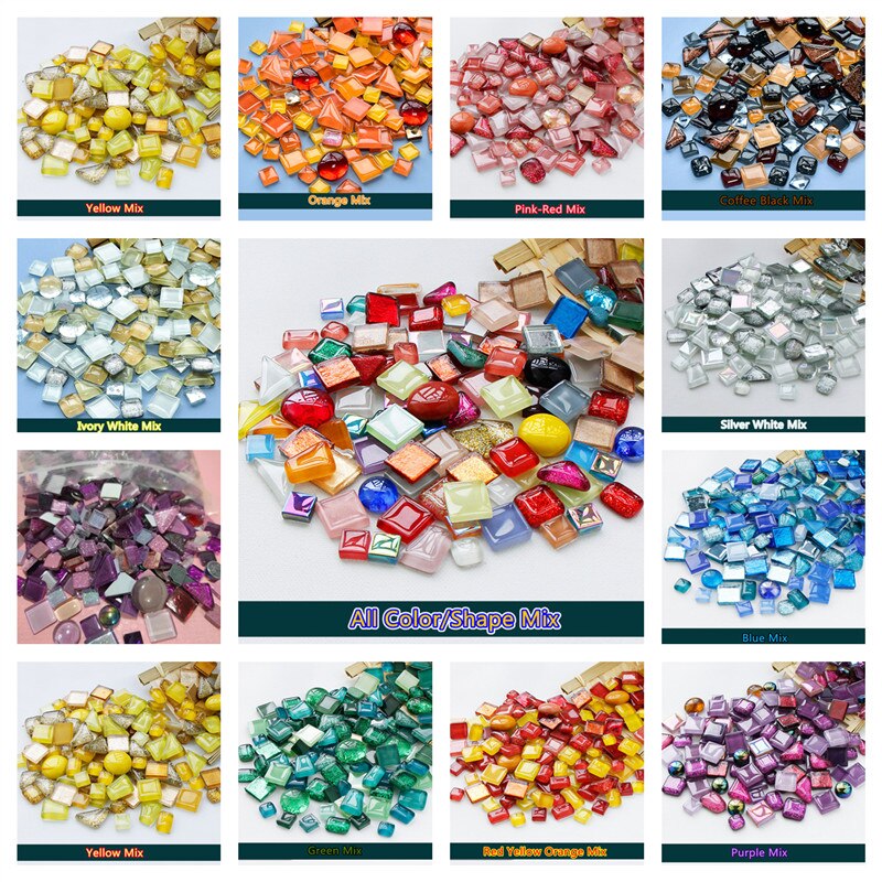 Perles de mosaïque en verre multicolores de 300g/10.58oz, rondes/triangles/carrées, pierres de mosaïque brillantes pour bricolage