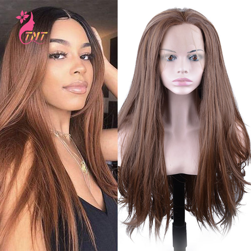Peruka syntetyczna długi peruki z prostymi włosami dla czarnych kobiet naturalny wygląd środku częściowo koronka peruka przód włókno termoodporne robić włosów
