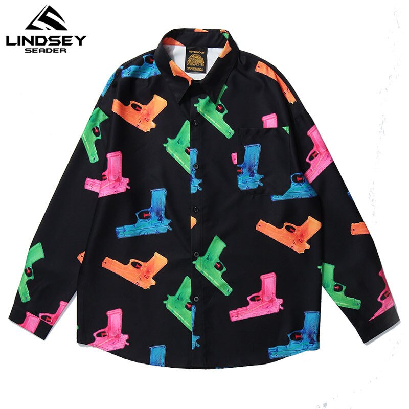 Lindsey asetus vintage leluaseet print pitkähihaiset mekkopaidat harajuku casual napit paita katuvaatteet hip hop miesten topit