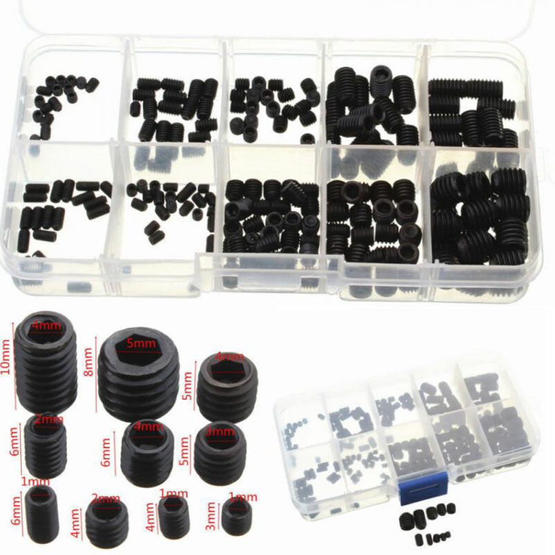 200pcs Black Allen Head Socket Hex Set Grub Screw Cup Point Assortment Kit + Box