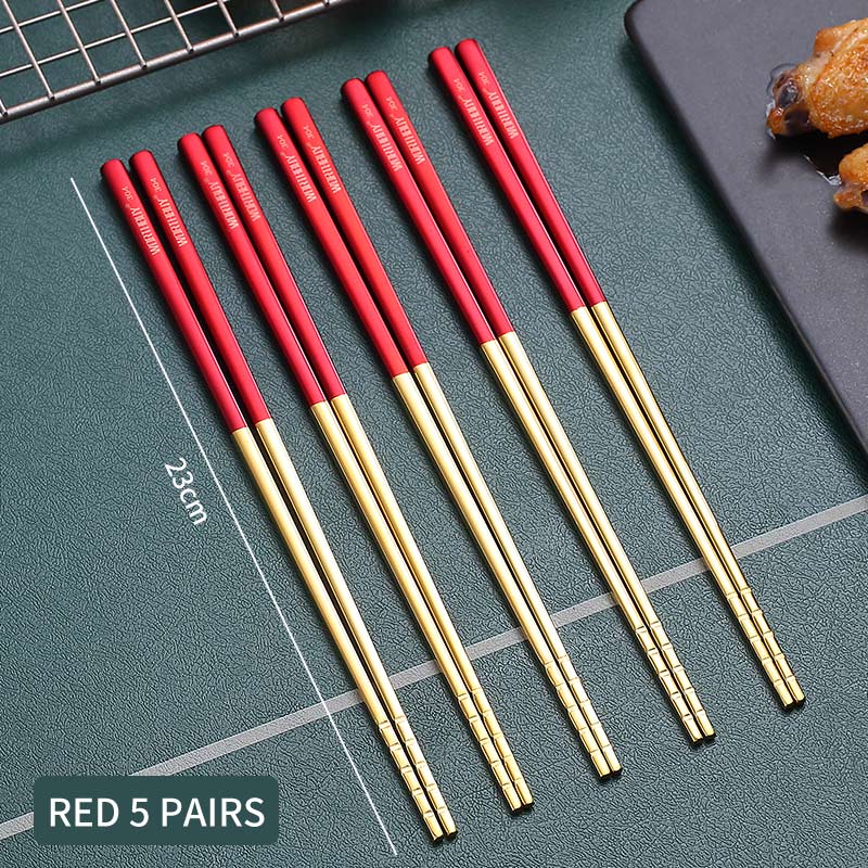 Worthbuy 5 par guldhalkiga ätpinnar 18/8 ätpinnar i rostfritt stål för sushi hashi matpinnar återanvändbara ätpinnar: Röd