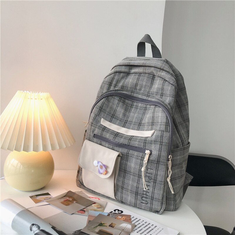 Dcimor Grande Capacidade Multi-Bolso Algodão E Linho Mochila Feminina Estilo Preppy Xadrez Mochila Estudante Universitário: Gray / with Pendant