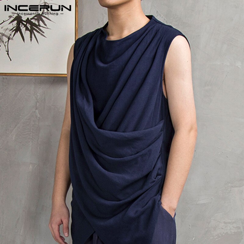 Mannen Mode Pure Kleur Crew Casual Tank Tops Retro Baggy Comfort Katoen Zomer Heren Mouwloos Onregelmatige Tops Streetwear Incerun