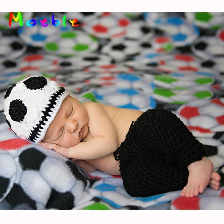 Virka nyfödd baby fotografering rekvisita bebis pojkar fotboll outfit stickade baby hatt byxor set gratis storlek för 0-3m mzs -15046