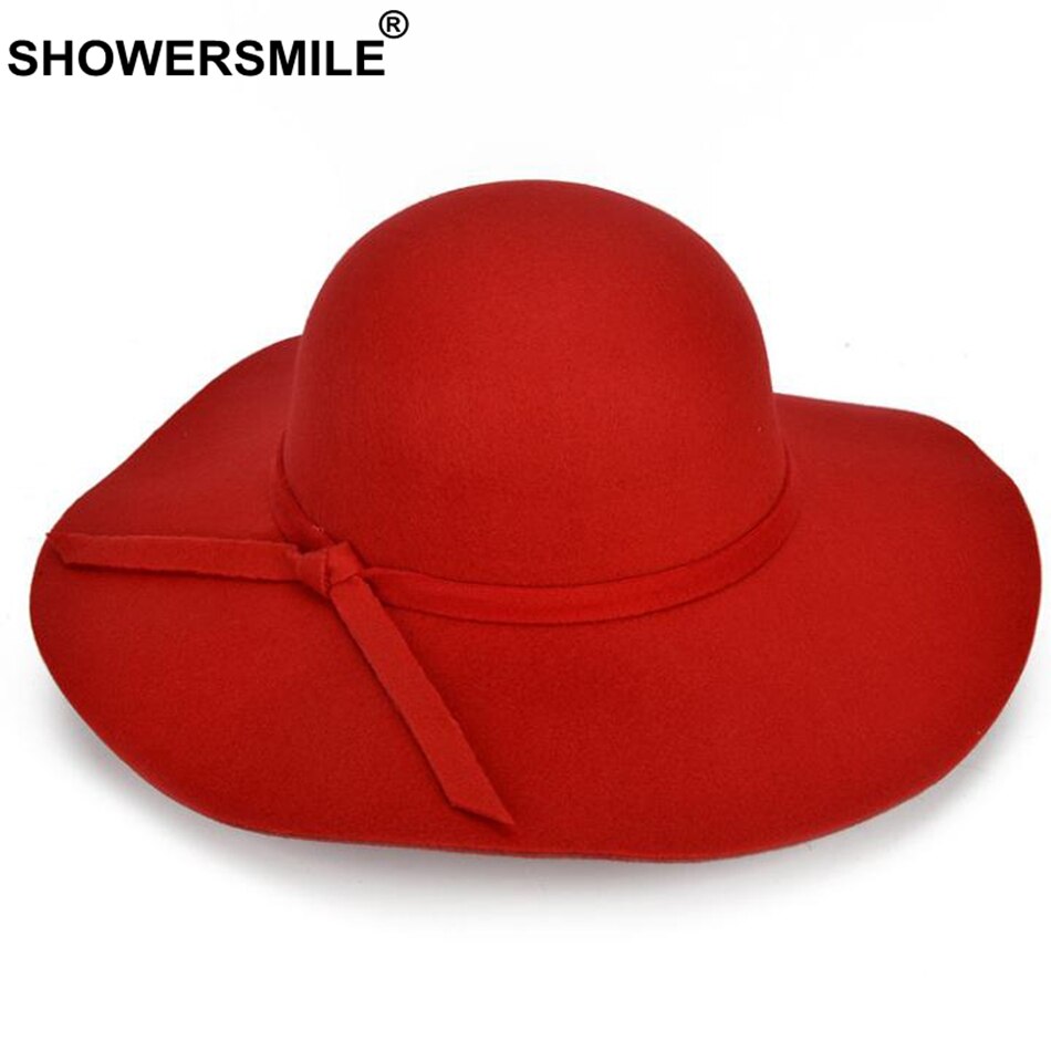 SHOWERSMILE Red Hats For Women Tweed Fedoras Hat Female Large Brim Caps Ladies Bowler Bowknot Autumn Felt Hat Brand: red hat