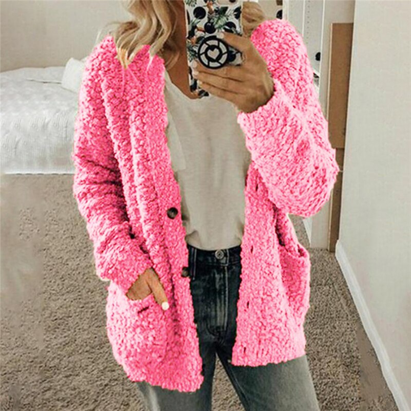 S-2XL grande taille automne hiver cardigans pour femmes décontracté poche épais ample en peluche polaire hauts femme: XXL / Pink