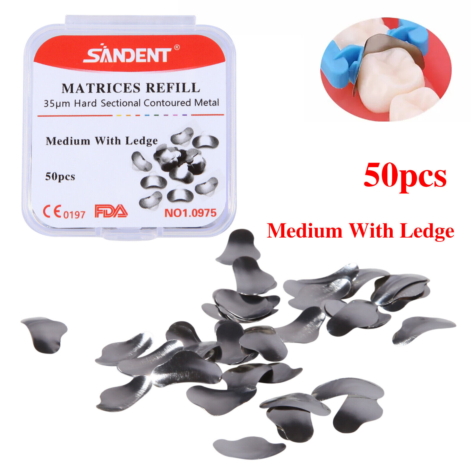 50PCS Dental Metal Matrices Matrix Band/With Ledge Sectional Contoured Refill Box S/M/L: mottled