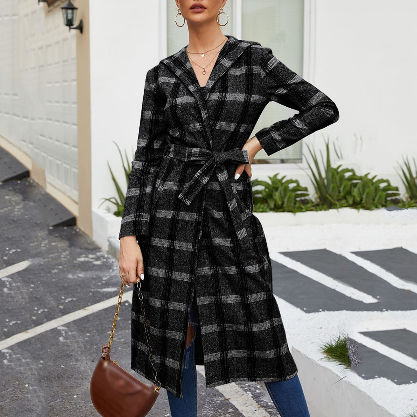 Femmes Plaid hiver à capuche manteau Trench veste mince longue pardessus vêtements d'extérieur automne Parkas basique vestes # js5