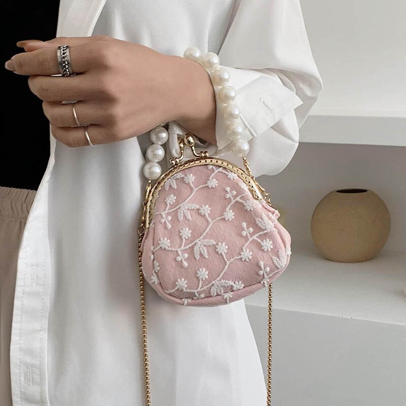 Blonder klip taske perle mini tote taske sommer kvinders håndtaske kæde skulder messenger taske rejsetaske: Lyserød trompet