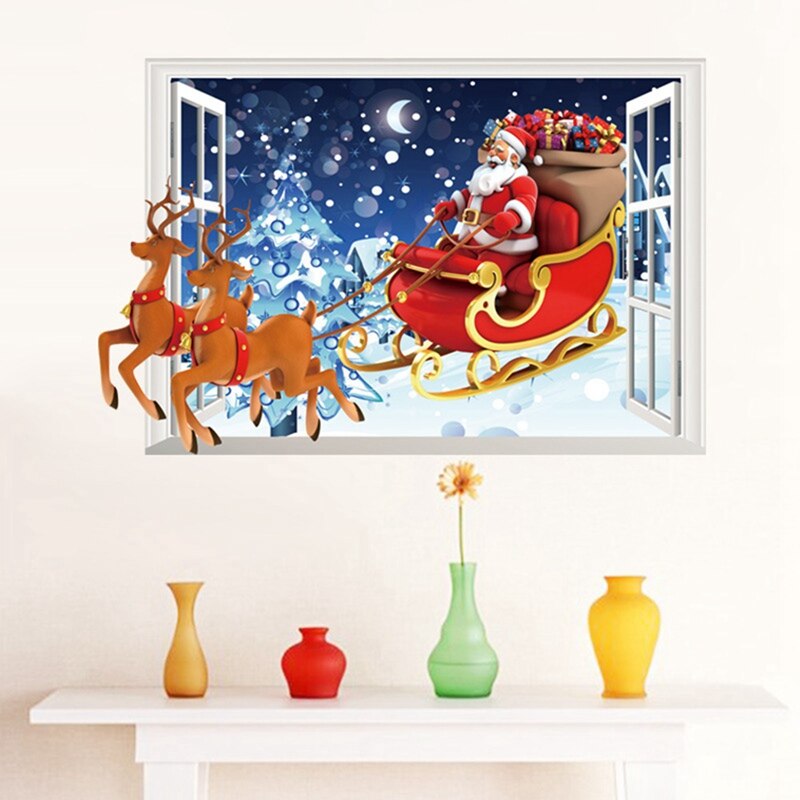 Santa Claus Reindeer 3d Window Wall Stickers For Home Decoration Christmas Diy Festival Mural Art Posters Kids Room Wall Decals