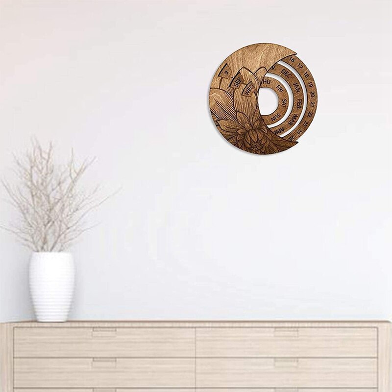 Wooden Perpetual Calendar,Wall Mounted Rotatable Calendar,Adjustable Circular Calendar,for Home/Office/School,10Inch