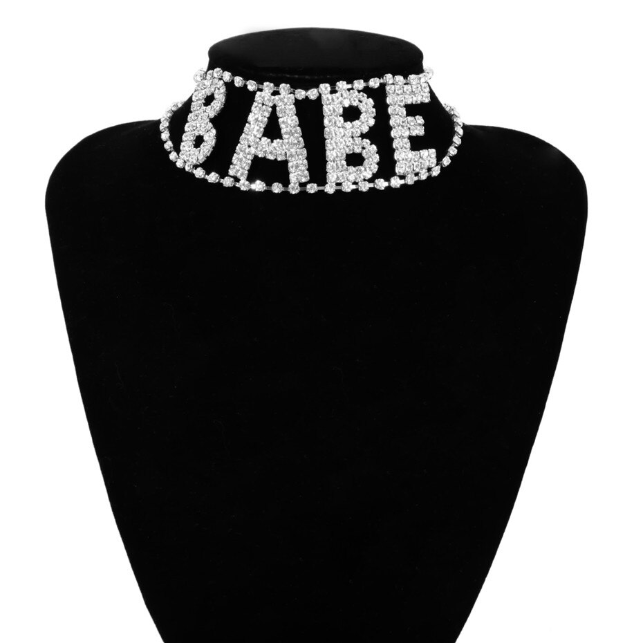 Ingemark Angel Karakter Strass Choker Ketting Voor Vrouwen Luxe Maxi Statement Sieraden Hals Ketting: BABE Silver