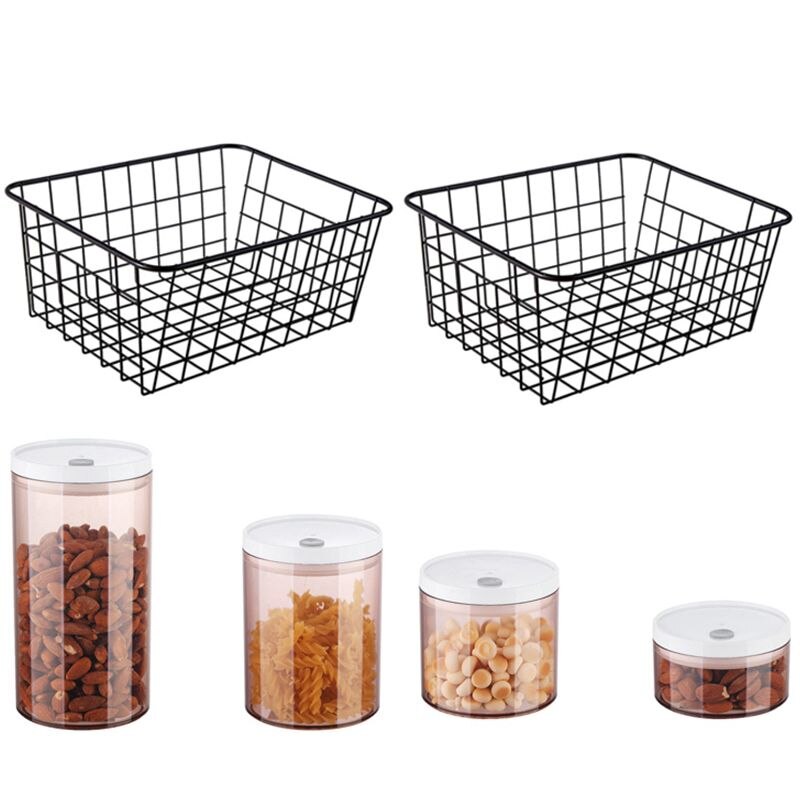 4Pcs Food Storage Box Clear Container Set with Household Iron Kitchen Bedroom Sundries Snack Storage Basket Black