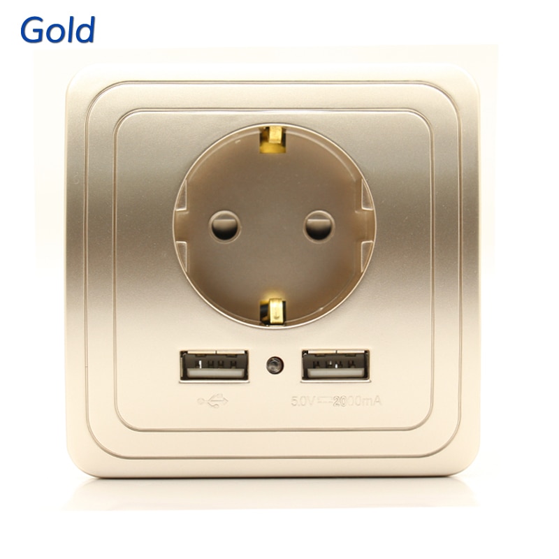 Gold,Silver,Champagne Gold,Best Dual USB Port 2000mA Wall Charger Adapter EU Plug Socket Power Outlet Panel