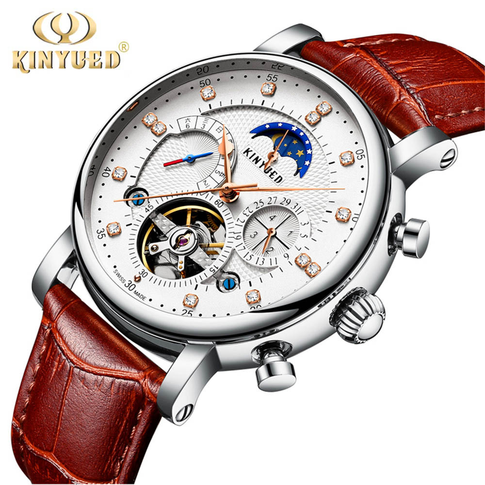 KINYUED-reloj mecánico totalmente automático para hombre, de , informal, totalmente funcional, Tourbillon, de negocios, luminoso, resistente al agua, J025: Silver