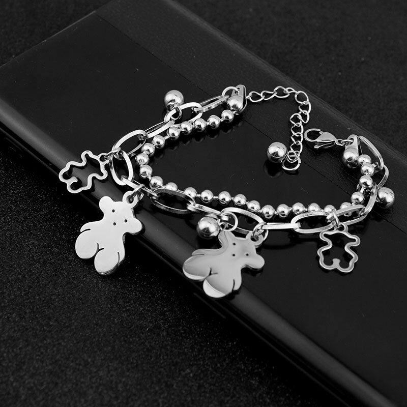 Dubbele Laag Beer Armbanden Rvs Ball Bead Chain Armbanden Harajuku Ins Armbanden: Default Title