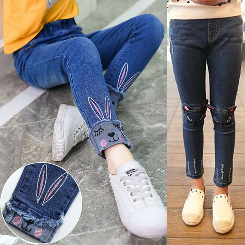 plus récent bébé enfants jean enfant en bas âge bébé enfants filles jean dessin animé brodé chats pantalons enfants crayon mince pantalon