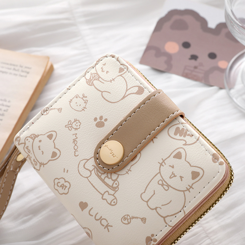 Minimalist Cute Cat Wallet Women Japanese Style Snap Closure Coin Pocket Hand Strap Multi-Function