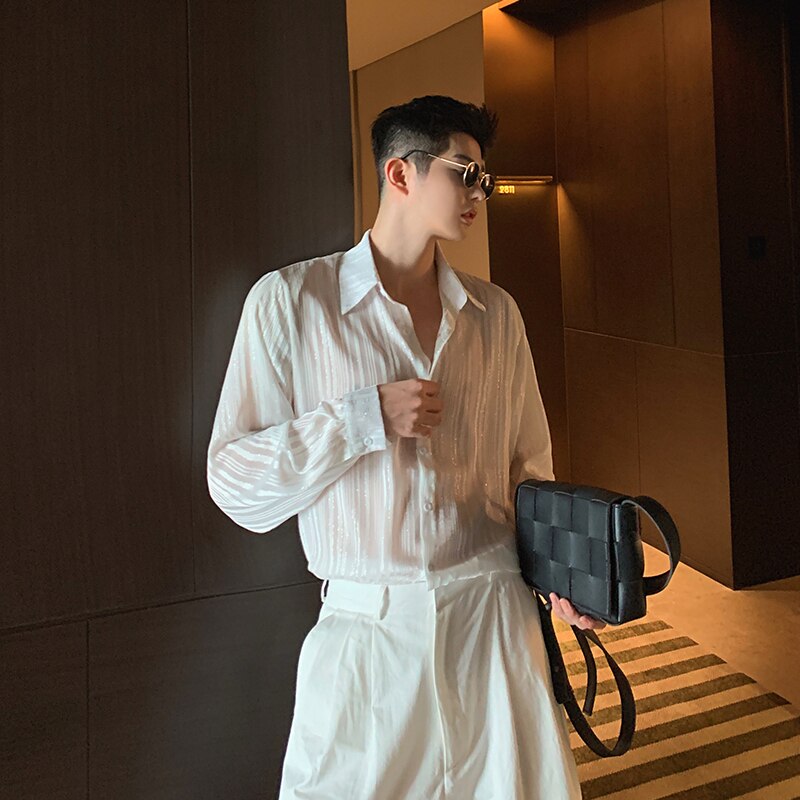 Mænd langærmet gennemsigtige striber afslappet skjorte mandlige vintage hvide skjorter scene tøj