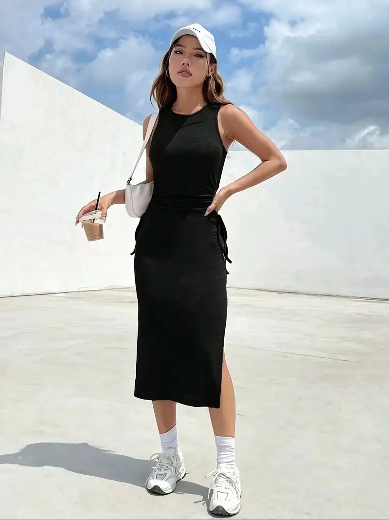 Sense Dew Waist Lace Slim Sexy Side Slit Bag Hip Dress Summer Round Neck Sleeveless Vest Dress Female