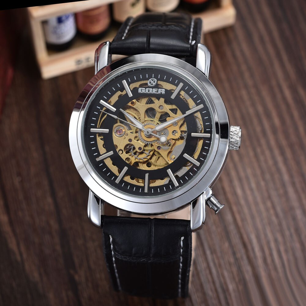 Skeleton Mechanical Watches Men Clamshell Photo Embedding Watches GOER Leather Band Automatic Watches Men