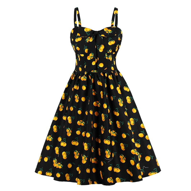 Tonval flerfarvet print sløjfe foran 50s vintage højtaljede plisserede kjoler til kvinder spaghetti rem fest pinup kjole: Sort-bomuld / Xxl