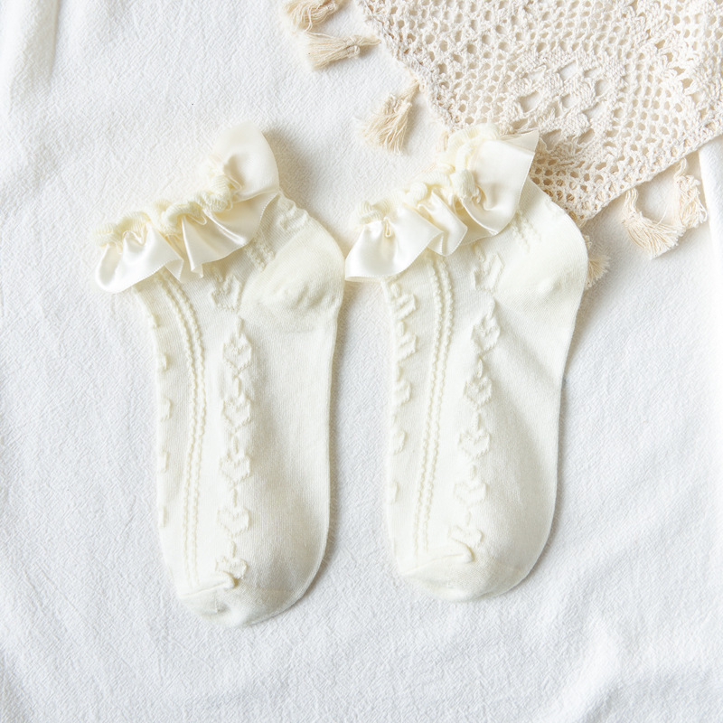 1 Pair Lolita Style Japanese Maiden Lovely Woman Lace Short Socks Spring Summer Autumn Sweet Ruffle Cotton Socks: 1- Beige