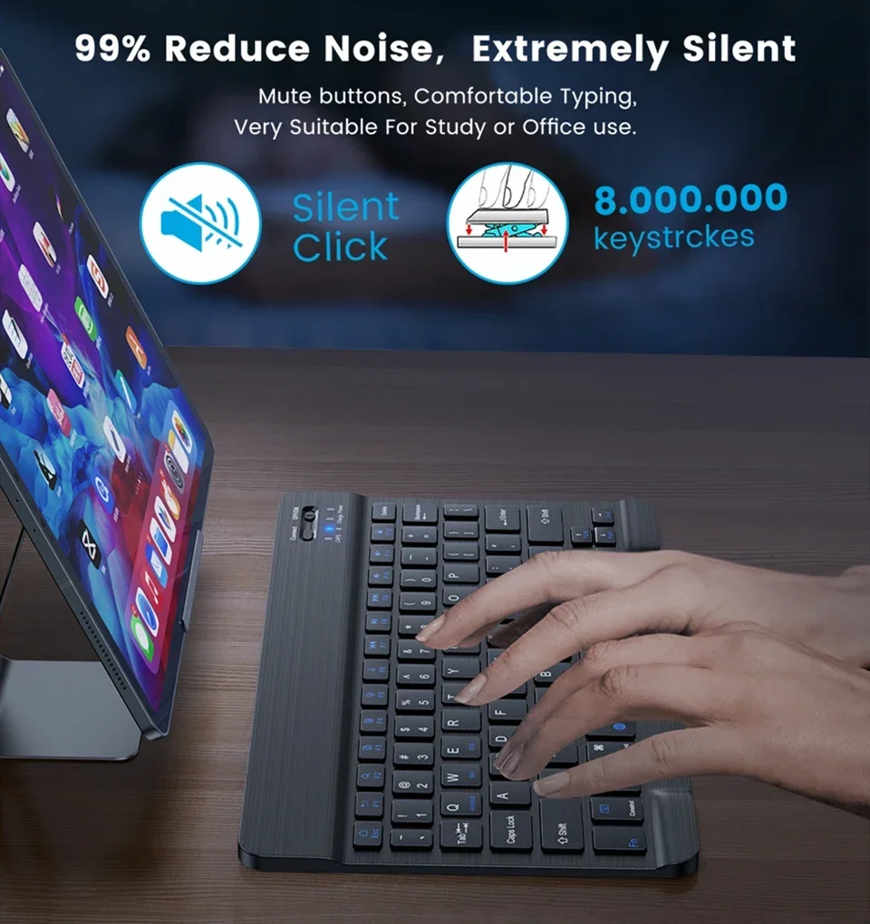 Teclado inalámbrico recargable con Bluetooth de 7/10 pulgadas para teléfonos móviles, tableta, ruso, español, francés, AZERT, Android, ios y Windows