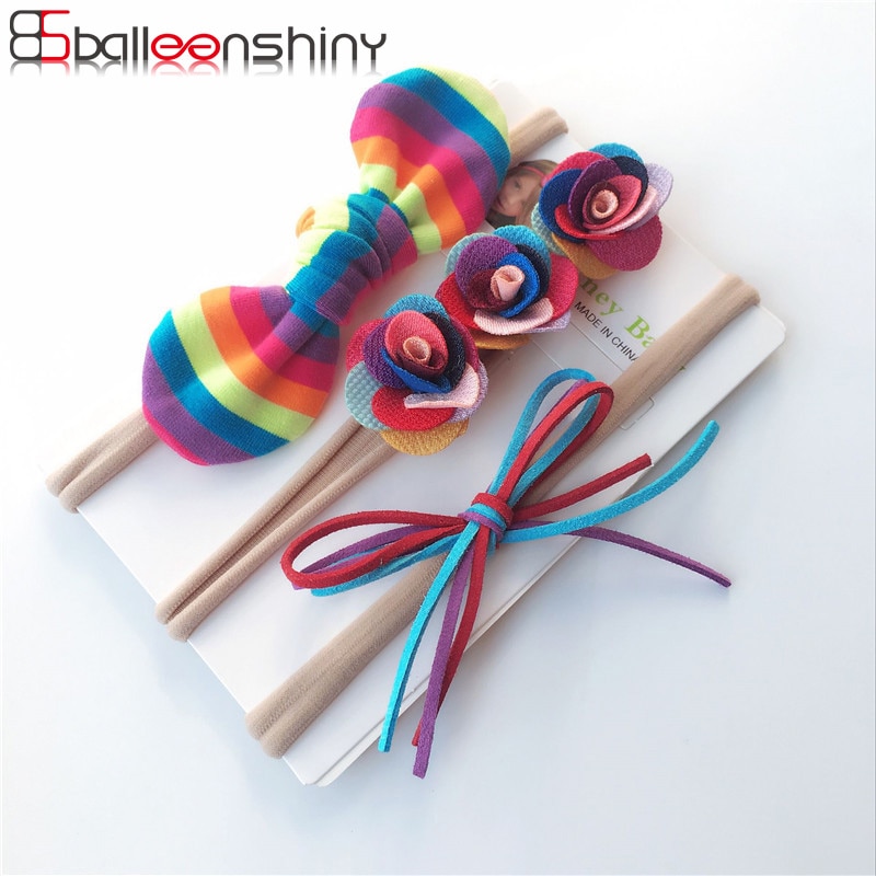 BalleenShiny 3pcs Baby Bowknot Headband Lovely Colorful Flower Cute Nylon Headwear Set Kids Hairband Girl Turban
