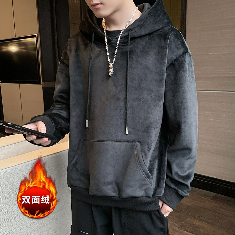 Winter Mens Velvet Hoodies Streetwear Velour Hoodies Men Hip Hop Sweatshirts Male Black Gray Hooded Pullovers M-3XL