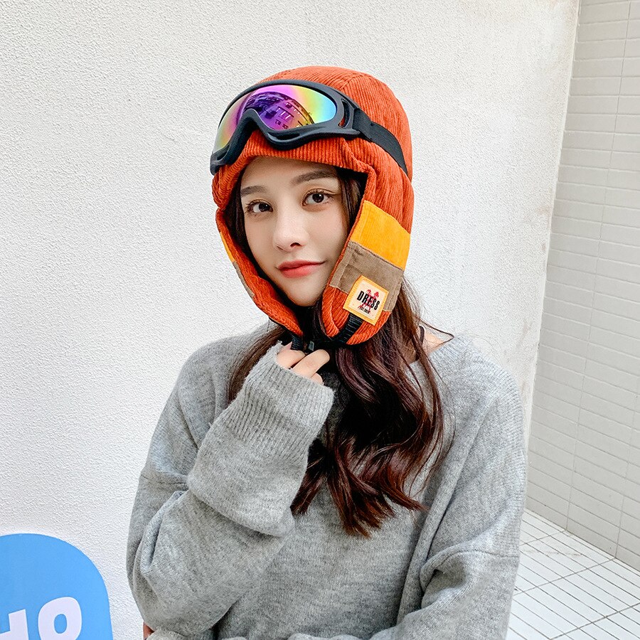 Yqyxcy russische hoed dames winter bomber hoeden met bril gehoorbescherming dikke warme muts gorras russische pet sneeuw gorros: Oranje