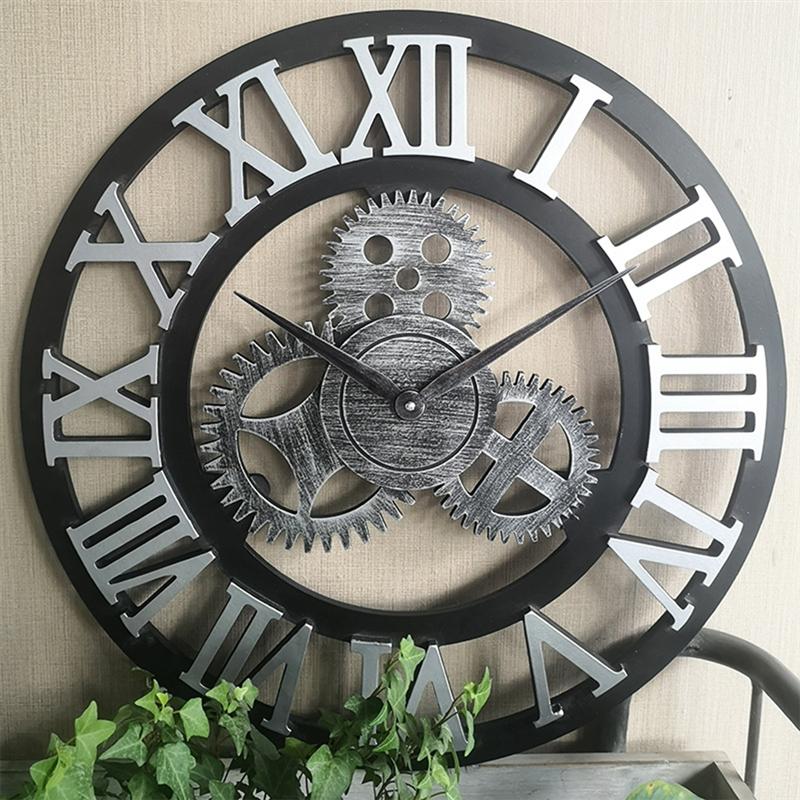 Industrial Style Wall Clock Retro Industrial Gear Wall Clock Decorative Industrial Wall Clock 30cm 40cm 50cm (Without Battery): 40X40cm Silver