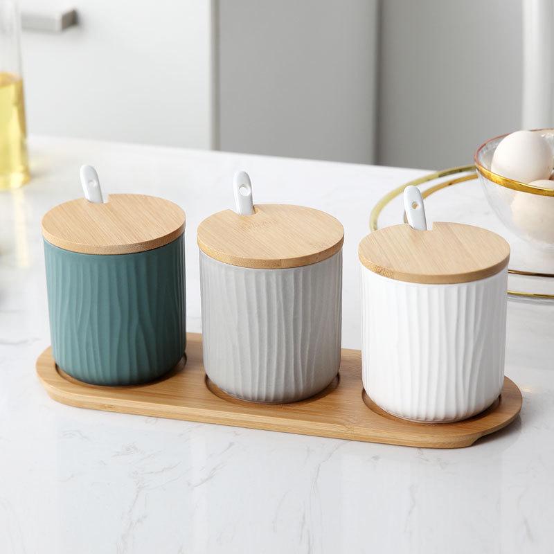 3 Pcs Nordic Keramische Kruiden Pot Met Houten Deksel En Lepel Opslag Container Kruiderij Potten Keramische Kruiden Rack Keuken Tool