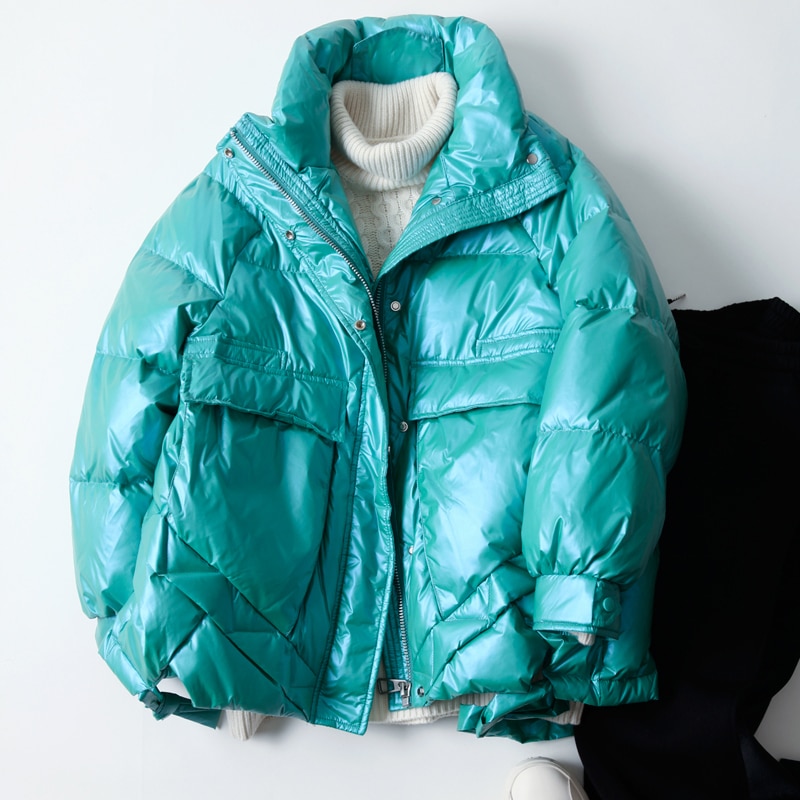 Vinter damejakke lys avslappet løs kåpe varm oversize kvinnelig parka puffed candy farger varm snø ned yttertøy  yr92: Innsjøblått / S