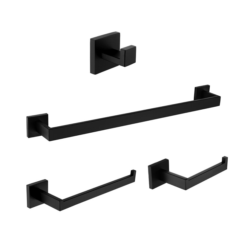 Premium Stainless Steel 4 Pieces Bathroom Hardware Accessories Set Wall Mounted Towel Bar Set Paper Holder Robe Hook Black