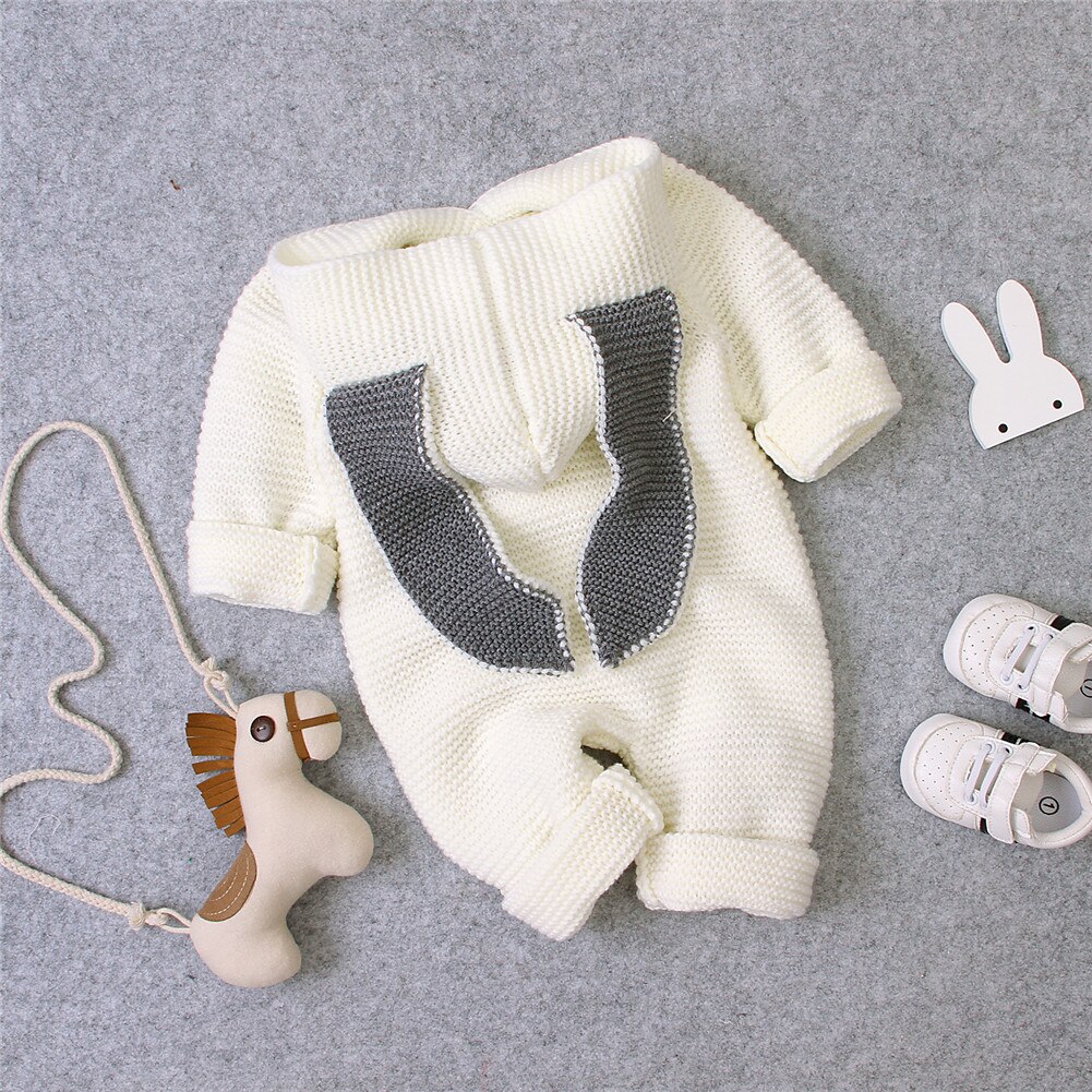 0-24M Herfst Winter Baby Kids Meisjes Jongens Rompertjes Knit Solid Lange Mouwen 3D Oren Hooded Jumpsuits Kleding