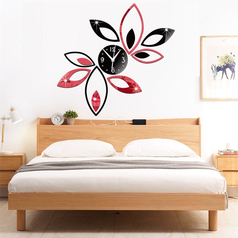 Reloj autoadhesivo 3D para decoración del hogar, pegatina de pared con espejo de loto rojo y negro, estilo nórdico, para sala de estar