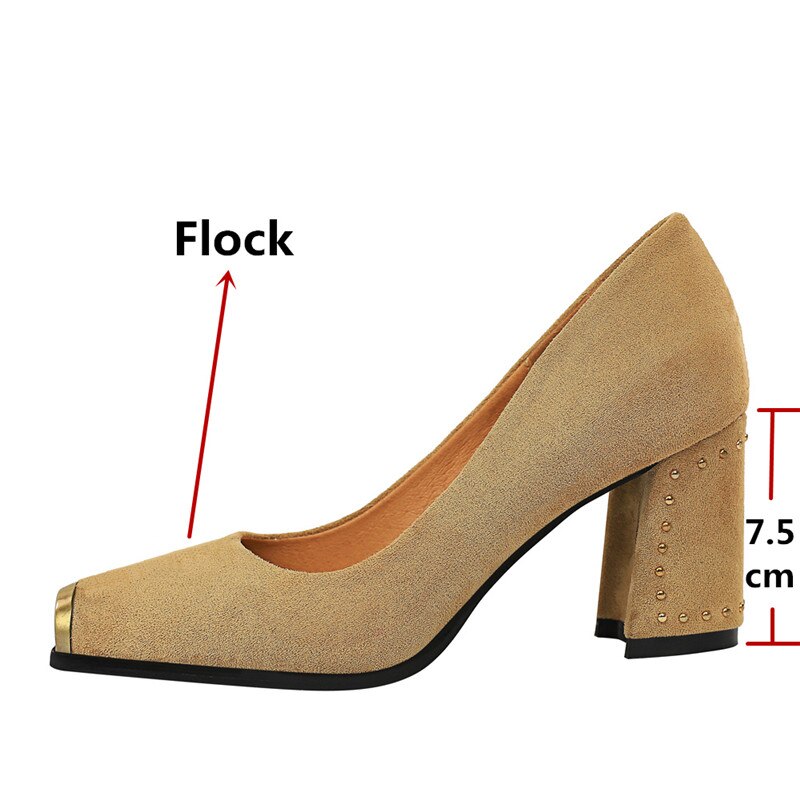 Fedonas metal firkantet tå kvinder flock pumps forår sommer nyeste mærke høje hæle basic bal festsko kvinde nitter rom sko