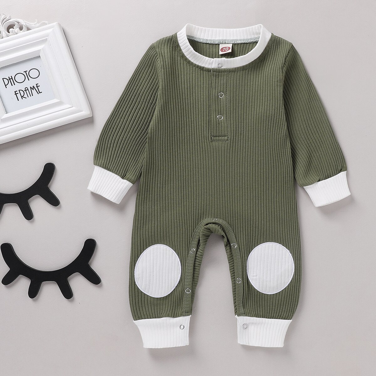 Mise au point automne bébé garçons barboteuse filles solide Patchwork manches longues bouton combinaisons 0-18M 4 couleurs
