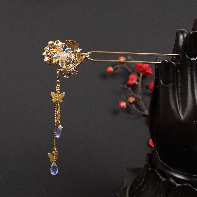 Acessórios de cabelo chineses, grampos de cabelo de metal hanfu, presilhas de cabelo com borla, grampo de balanço antigo, ornamentos para cabeça: B