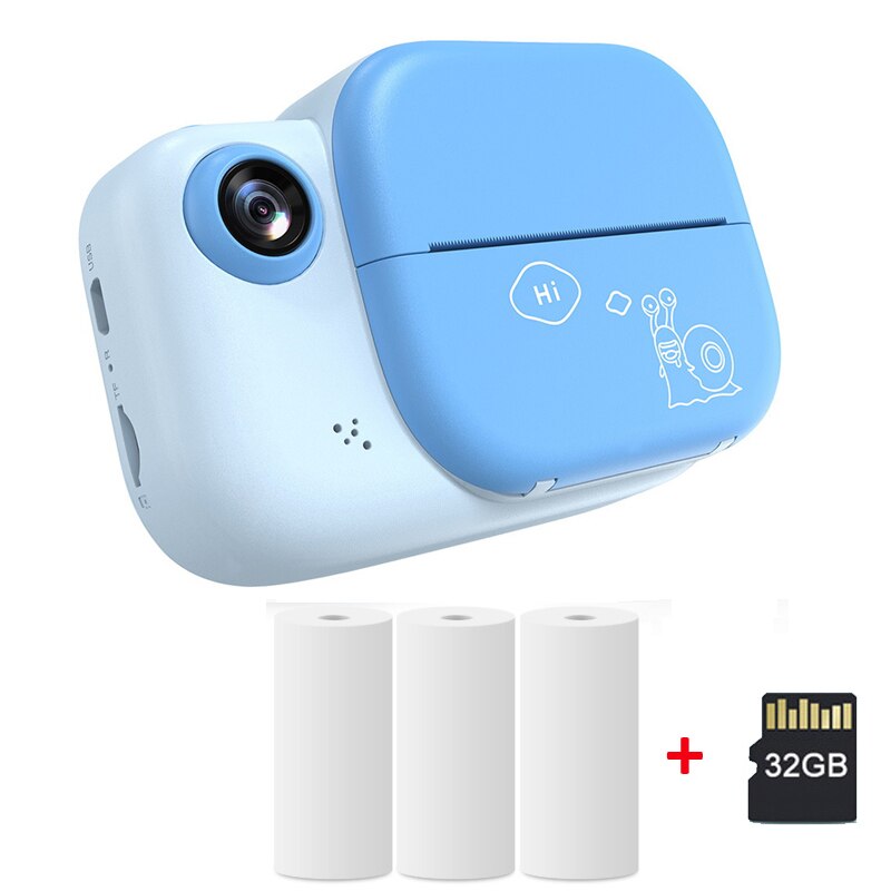 Children Camera Instant Print Camera For Kids Video Photo Digital Camera for Child Printing Camera with 3 Rolls Thermal Paper: Blue- 32GB Card