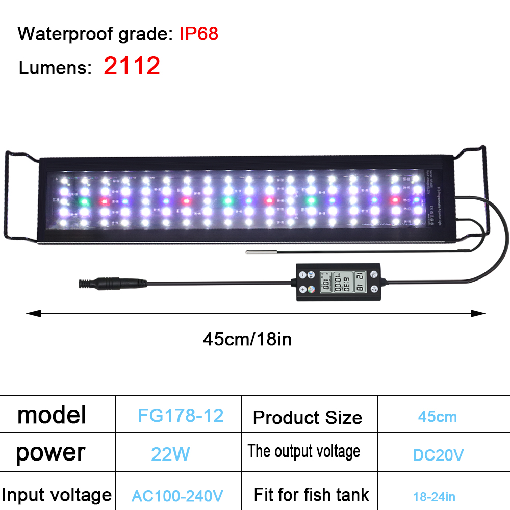 Luz LED de iluminación de espectro completo para acuario, 30-60cm, 24/7, con termómetro y función de memoria, lámpara para plantas y peceras, IP68, 100V-240V: Negro / enchufe europeo
